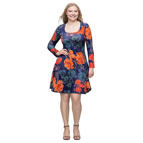 Женские платья 24Seven Women's 24Seven Comfort Apparel Floral Print Long Sleeve Knee Length Dress