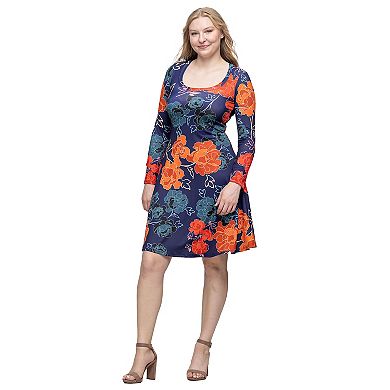 Women's 24Seven Comfort Apparel Floral Print Long Sleeve Knee Length Dress