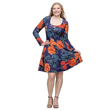 Women's 24Seven Comfort Apparel Floral Print Long Sleeve Knee Length Dress