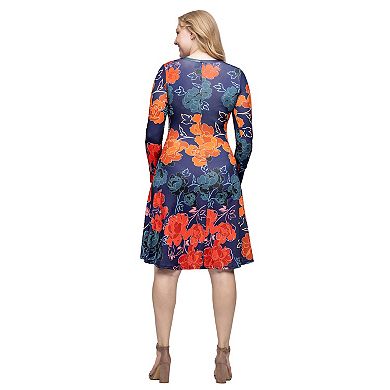 Women's 24Seven Comfort Apparel Floral Print Long Sleeve Knee Length Dress