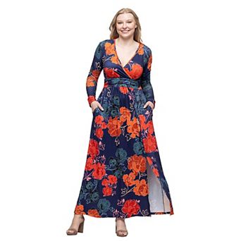Women's 24Seven Comfort Apparel Floral Print Long Sleeve Side Slit Maxi Dress