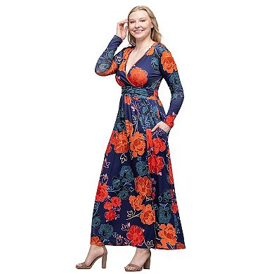 Women's 24Seven Comfort Apparel Floral Print Long Sleeve Side Slit Maxi Dress