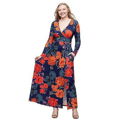 Women's 24Seven Comfort Apparel Floral Print Long Sleeve Side Slit Maxi Dress
