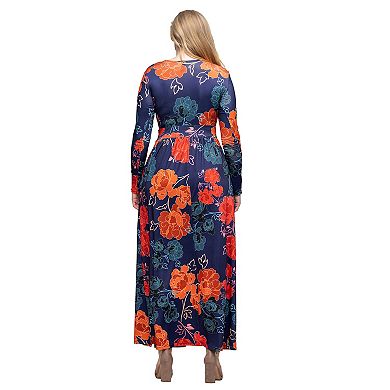 Women's 24Seven Comfort Apparel Floral Print Long Sleeve Side Slit Maxi Dress