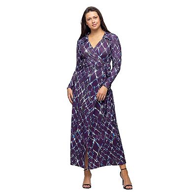 Women's 24Seven Comfort Apparel Print Collared Wrap Maxi Dress