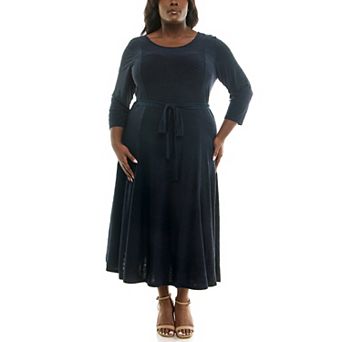 Plus Size Nina Leonard Midi Stitched Sylvia Dress with Sash Belt