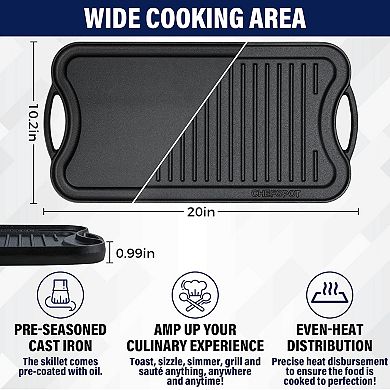 CHEFSPOT Preseasoned Cast Iron Reversible Griddle Plate Pan