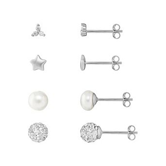 PRIMROSE Sterling Silver Cubic Zirconia & Simulated Pearl Stud Earrings Quartet