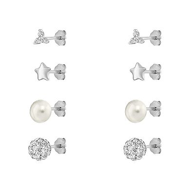 PRIMROSE Sterling Silver Cubic Zirconia & Simulated Pearl Stud Earrings Quartet