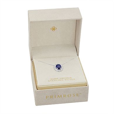 PRIMROSE Sterling Silver Cubic Zirconia & Simulated Sapphire Flower Halo Pendant Necklace