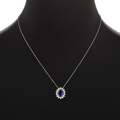 PRIMROSE Sterling Silver Cubic Zirconia & Simulated Sapphire Flower Halo Pendant Necklace