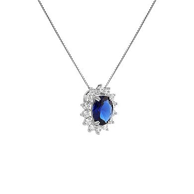 PRIMROSE Sterling Silver Cubic Zirconia & Simulated Sapphire Flower Halo Pendant Necklace