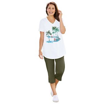 Woman Within Women's Plus Size Two-piece V-neck Tunic & Capri Set