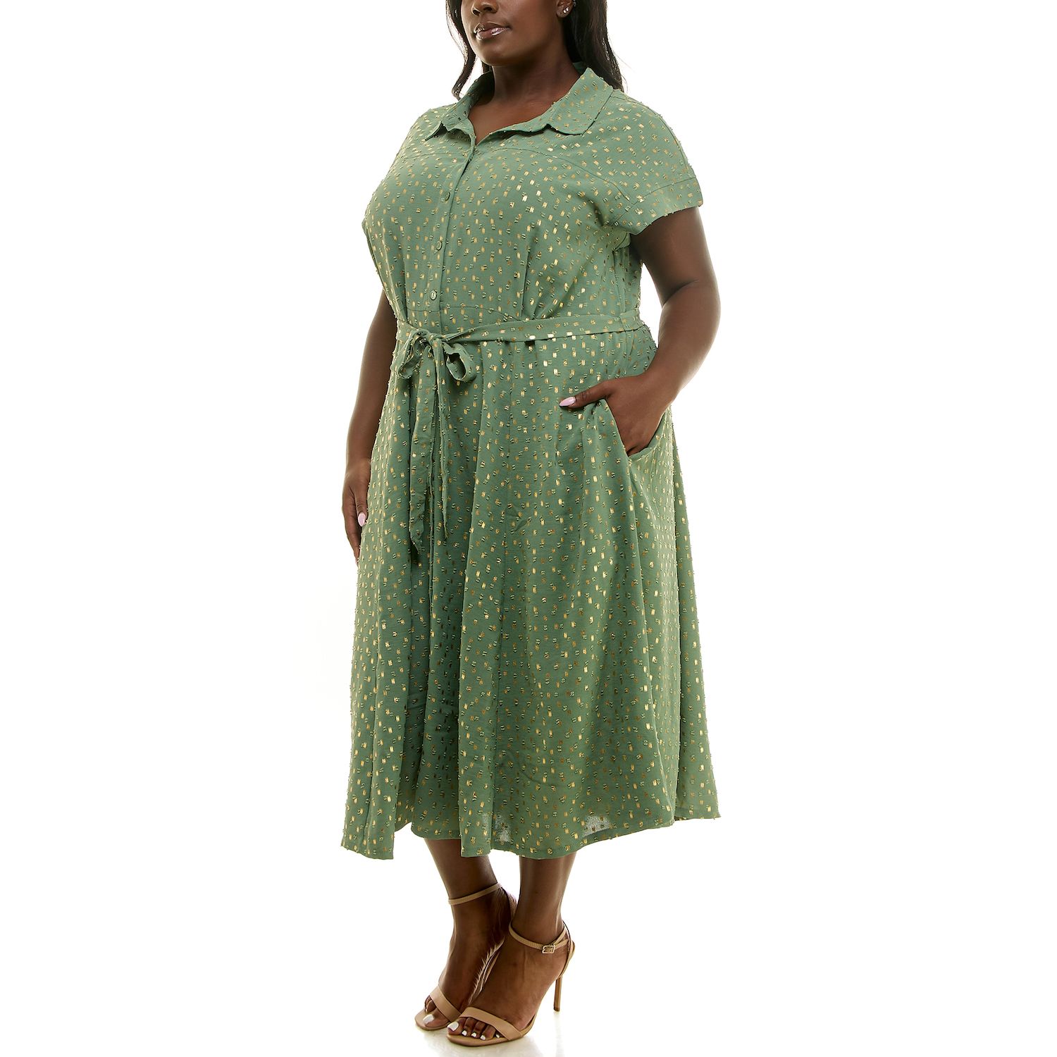 Женские платья Plus Size Nina Leonard Spotted Gold Button Down Shirt Midi, цвет: Шалфейный золотой — фото 3