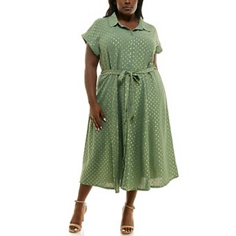 Plus Size Nina Leonard Spotted Gold Button Down Shirt Midi Dress