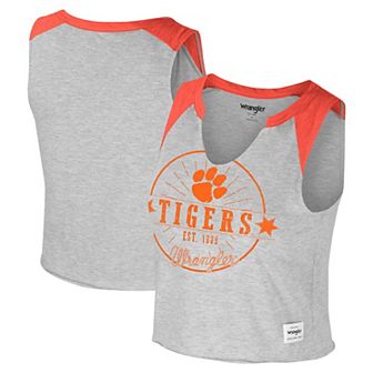 Women's Colosseum x Wrangler Heather Gray Clemson Tigers Vintage Muscle Cropped T-Shirt