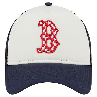 Men's New Era White/Navy Boston Red Sox Checkered Flag A-Frame Trucker 9FORTY Adjustable Hat