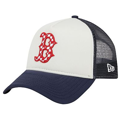 Men's New Era White/Navy Boston Red Sox Checkered Flag A-Frame Trucker 9FORTY Adjustable Hat