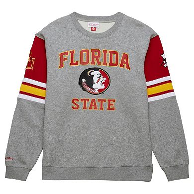 Men's Mitchell & Ness Heather Gray Florida State Seminoles Throwback Allover 4.0 Pullover Sweatshirt