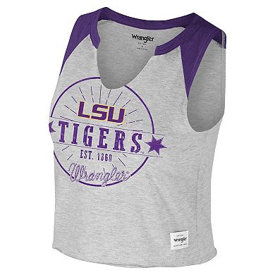 Women's Colosseum x Wrangler Heather Gray LSU Tigers Vintage Muscle Cropped T-Shirt