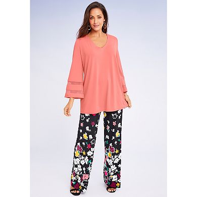 Jessica London Women's Plus Size Stretch Knit Mesh Inset Sleeve Tunic