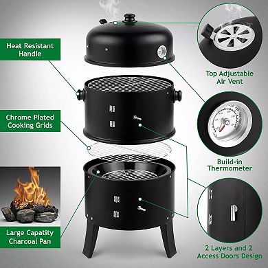 3-in-1 Portable Outdoor Charcoal Bbq Smoker Grill