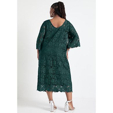 June + Vie Women's Plus Size Bell-Sleeve Lace Midi Dress