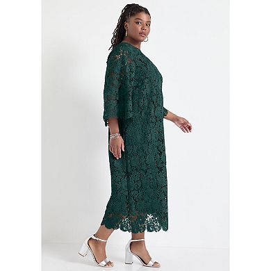 June & Vie Women's Plus Size Bell-Sleeve Lace Midi Dress