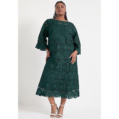 June & Vie Women's Plus Size Bell-Sleeve Lace Midi Dress