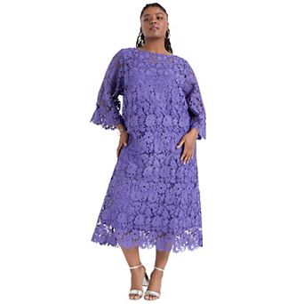 June + Vie Women's Plus Size Bell-Sleeve Lace Midi Dress