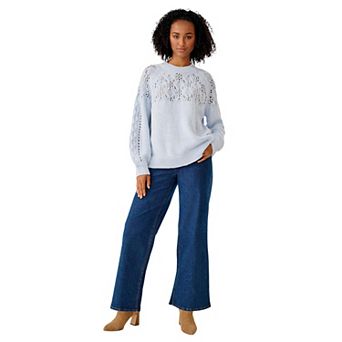 ellos Plus Size Pointelle Yoke Pullover Sweater