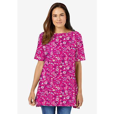 Woman Within Women's Plus Size Perfect Printed Short-Sleeve Boatneck Tunic
