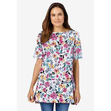 Woman Within Plus Size Perfect Printed Short-Sleeve Boatneck Tunic