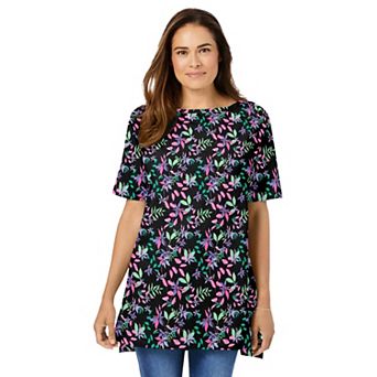 Woman Within Plus Size Perfect Printed Short-Sleeve Boatneck Tunic