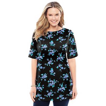 Woman Within Plus Size Perfect Printed Short-Sleeve Boatneck Tunic