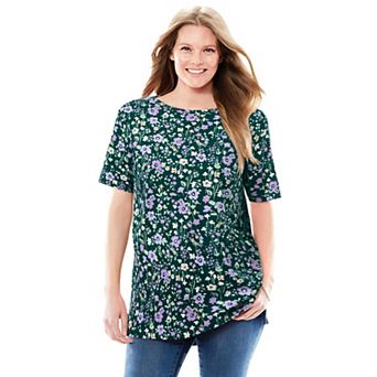 Woman Within Plus Size Perfect Printed Short-Sleeve Boatneck Tunic