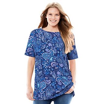 Woman Within Plus Size Perfect Printed Short-Sleeve Boatneck Tunic