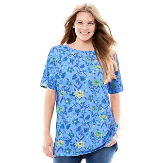 Woman Within Women's Plus Size Perfect Printed Short-Sleeve Boatneck Tunic