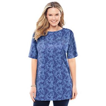 Woman Within Plus Size Perfect Printed Short-Sleeve Boatneck Tunic