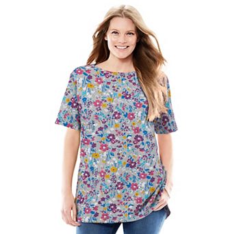 Woman Within Plus Size Perfect Printed Short-Sleeve Boatneck Tunic
