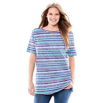 Woman Within Plus Size Perfect Printed Short-Sleeve Boatneck Tunic