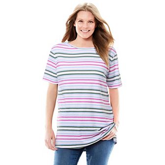 Woman Within Women's Plus Size Perfect Printed Short-Sleeve Boatneck Tunic