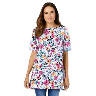 Woman Within Women's Plus Size Perfect Printed Short-Sleeve Boatneck Tunic