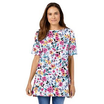 Woman Within Plus Size Perfect Printed Short-Sleeve Boatneck Tunic