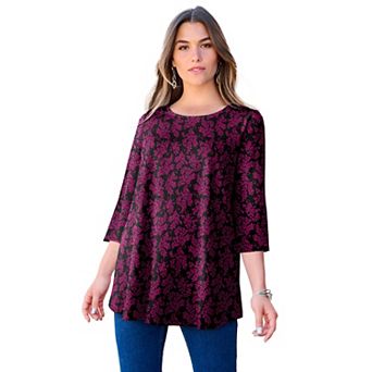 Roaman's Women's Plus Size Ultimate Three Quarter Sleeve Swing Tee