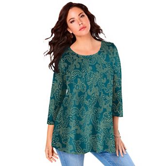 Roaman's Women's Plus Size Ultimate Three Quarter Sleeve Swing Tee