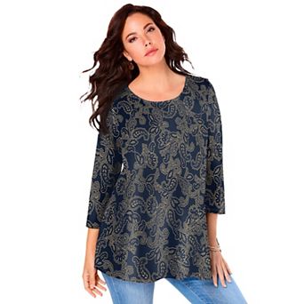 Roaman's Women's Plus Size Ultimate Three Quarter Sleeve Swing Tee