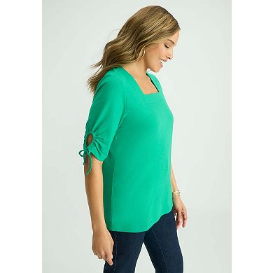 Jessica London Women's Plus Size Stretch Cotton Tie Sleeve Square Neck Tee