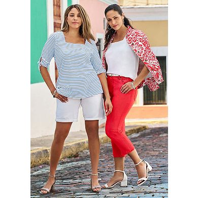 Jessica London Women's Plus Size Stretch Cotton Tie Sleeve Square Neck Tee