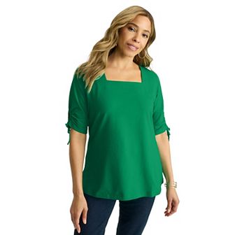 Jessica London Women's Plus Size Stretch Cotton Tie Sleeve Square Neck Tee